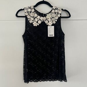 Elegant Black Lace Blouse with White Floral Collar